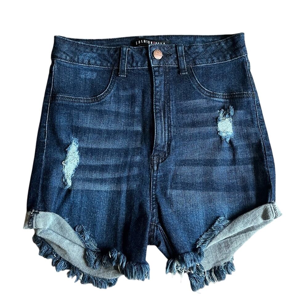 Fashion NOVA Distressed Dark Wash Indigo High Rise Jean Shorts Size 5